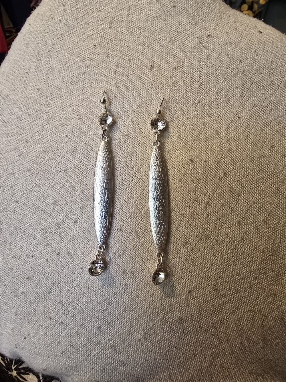 Silver Long Drop Earrings with Crystal Accents